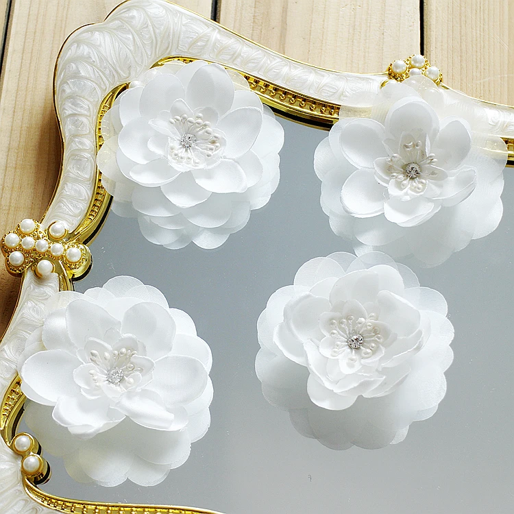 

10Pcs/Lot White Pink DIY lace patch applique 3D Emulation flower with diamond wedding dress headwear materials