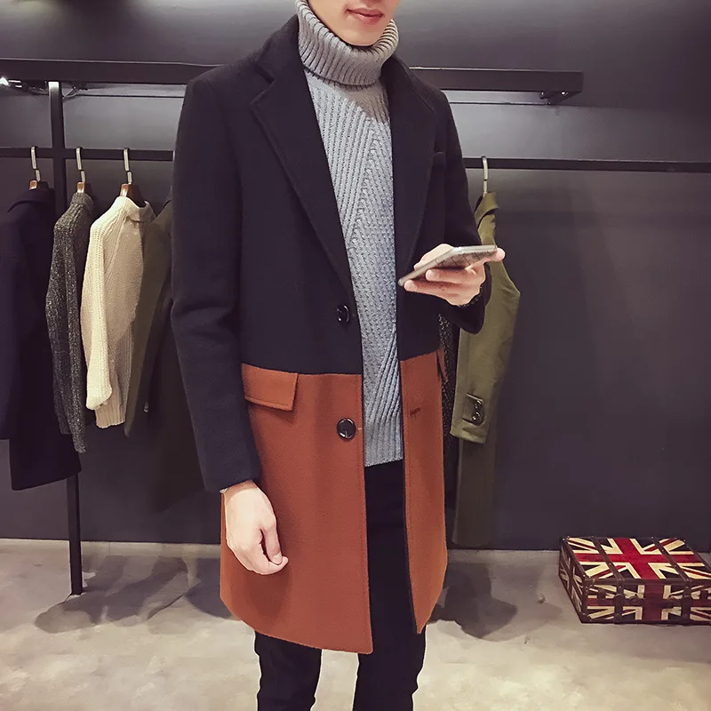 Лоскутное однобортное шерстяное зимнее пальто sturn вниз воротник теплое шерстяное пальто и куртка корейский стиль Мужское пальто