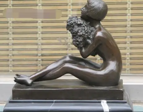 

bjc>>10"Western ART Sculpture Bronze Marble Beauty listen conch Echo Statue (B0413)