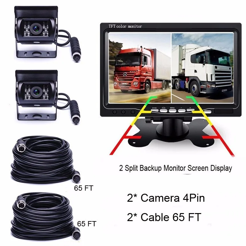 Автомобильная резервная камера 7 дюймов 2 сплит монитор камера заднего вида 18 ИК ночного видения 2*65 футов Кабели для прицепа грузовые автобусы 12 V-24 V - Название цвета: 2 Pcs 65 FT cable