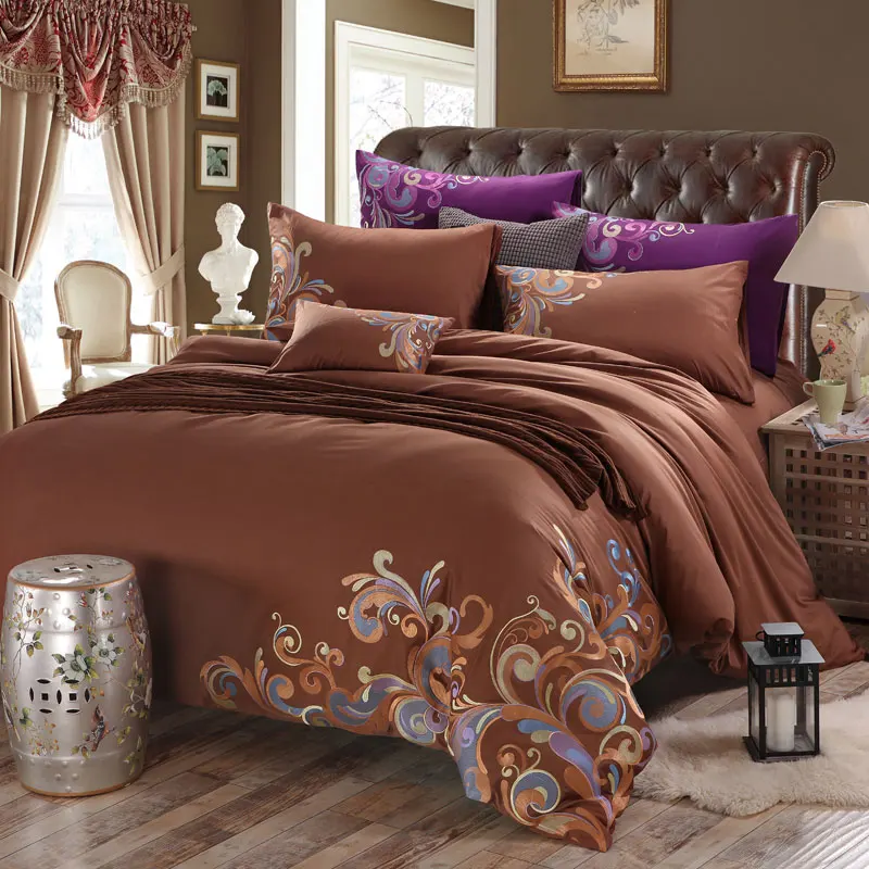 Buy 2018 100 cotton brown embroidery bedding set