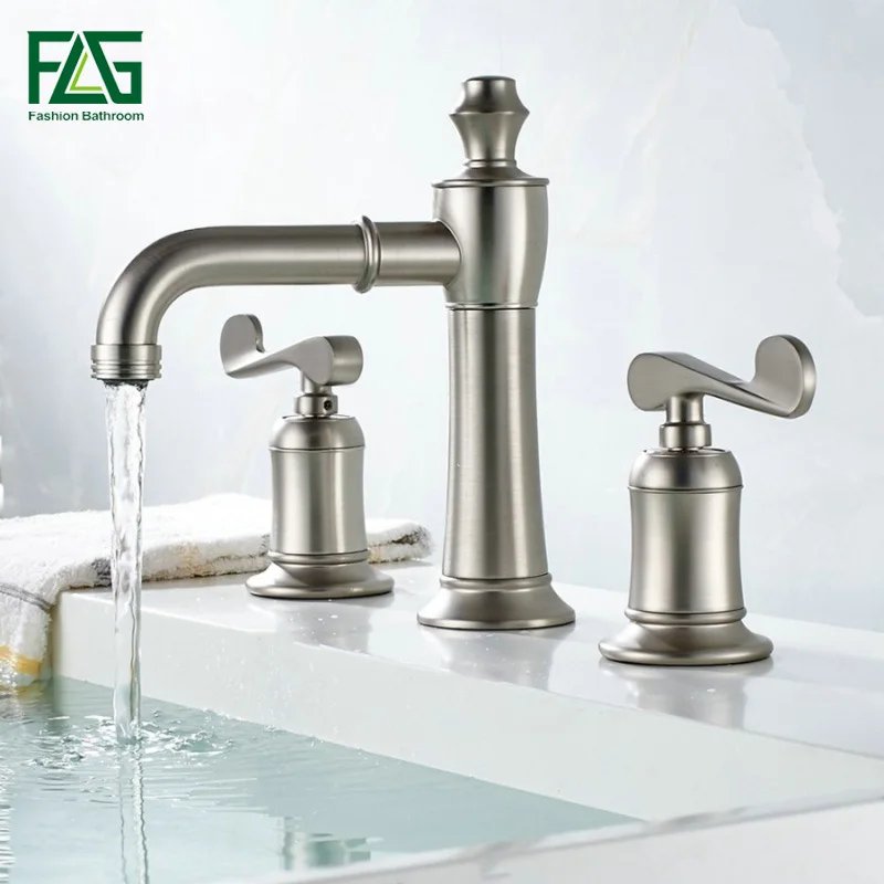 

FLG Luxury Basin Faucets Dual Holder Three-hole Bathroom Faucet Brushed Nickel Two Handle Bathtub Taps Deck Mounted 301