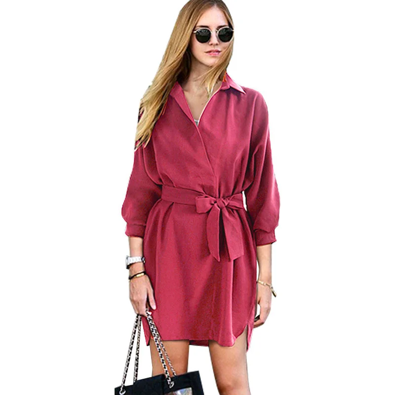 ZAFUL-Sexy-Fashion-Autumn-Women-Shirt-Dress-Green-Belt-V-Neck-Long-Sleeve-Vintage-Short-Mini
