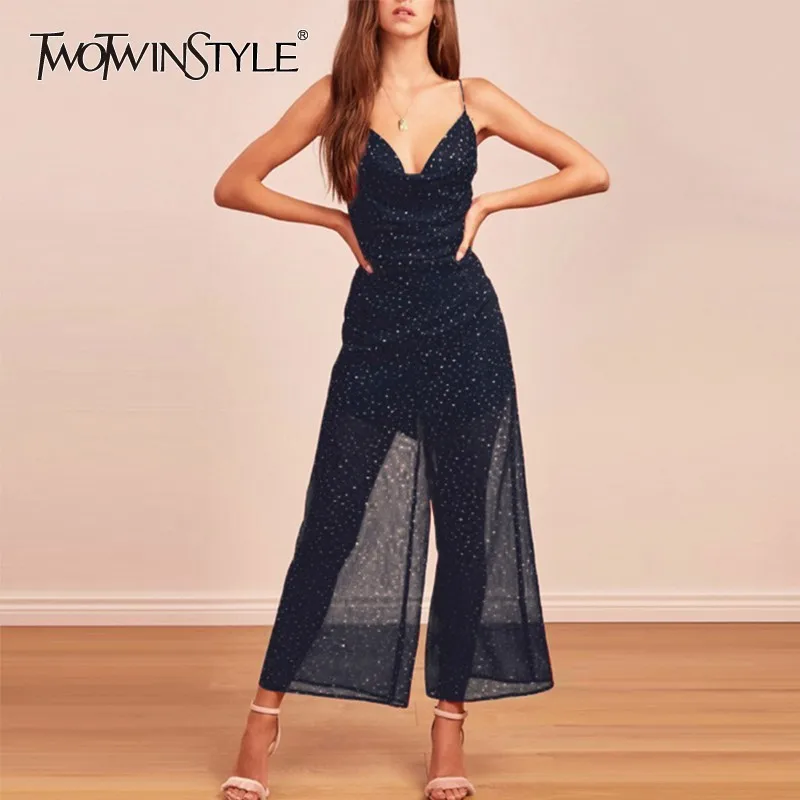

TWOTWINSTYLE Elegant Sleeveless Jumpsuit For Women V Neck Off Shoulder High Waist Print Chiffon Wide Leg Pants Female 2019 New