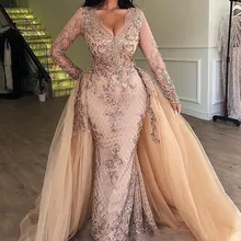 Арабское вечернее платье с длинным рукавом и блестками цвета шампанского, со съемной юбкой и v-образным вырезом, Дубай, женские вечерние платья