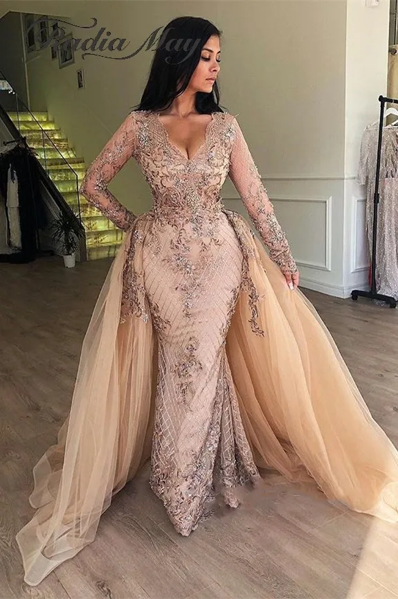 Champagne Sequin Mermaid Lange Sleevs Arabisch Avondjurk met Afneembare Rok V-hals Dubai Vrouwen Formele Prom Jurken 2019 Lange