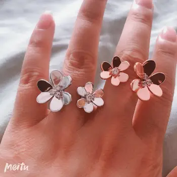 

Bilincolor fashion silver color double flower with cubic zirconia open ring for women adjustable ring