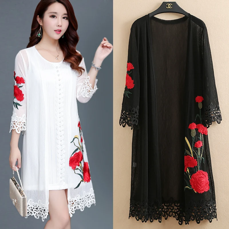 Brieuces-Chaqueta de cárdigan bordada para mujer, ropa de protección solar larga y suelta, chal