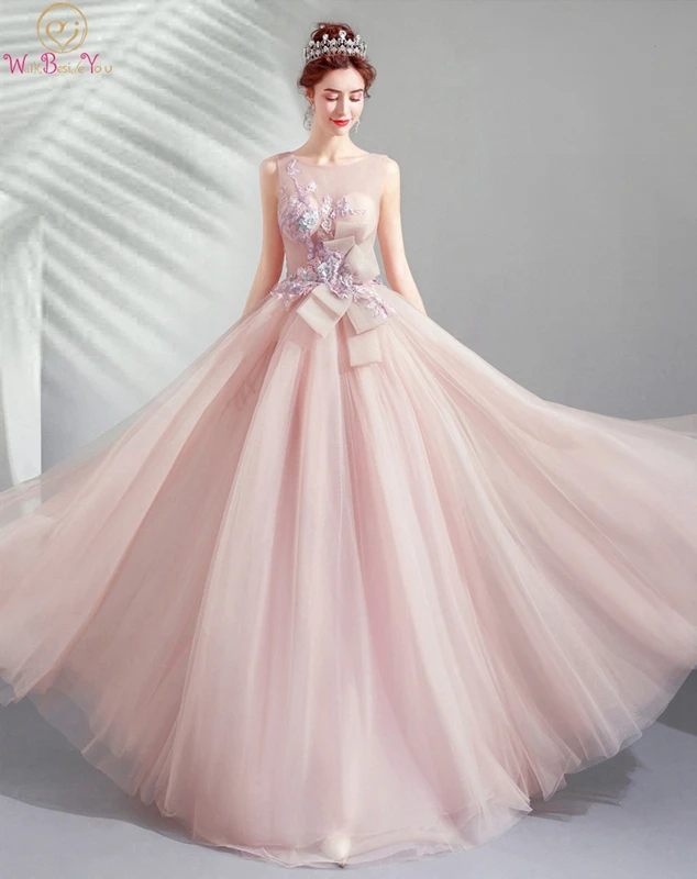 

Pink Prom Gown 2019 New A-line Sleeveless O-neck Tulle Appliques With Beading Bow Waist Floor Length Lace-up Backless Party Gown