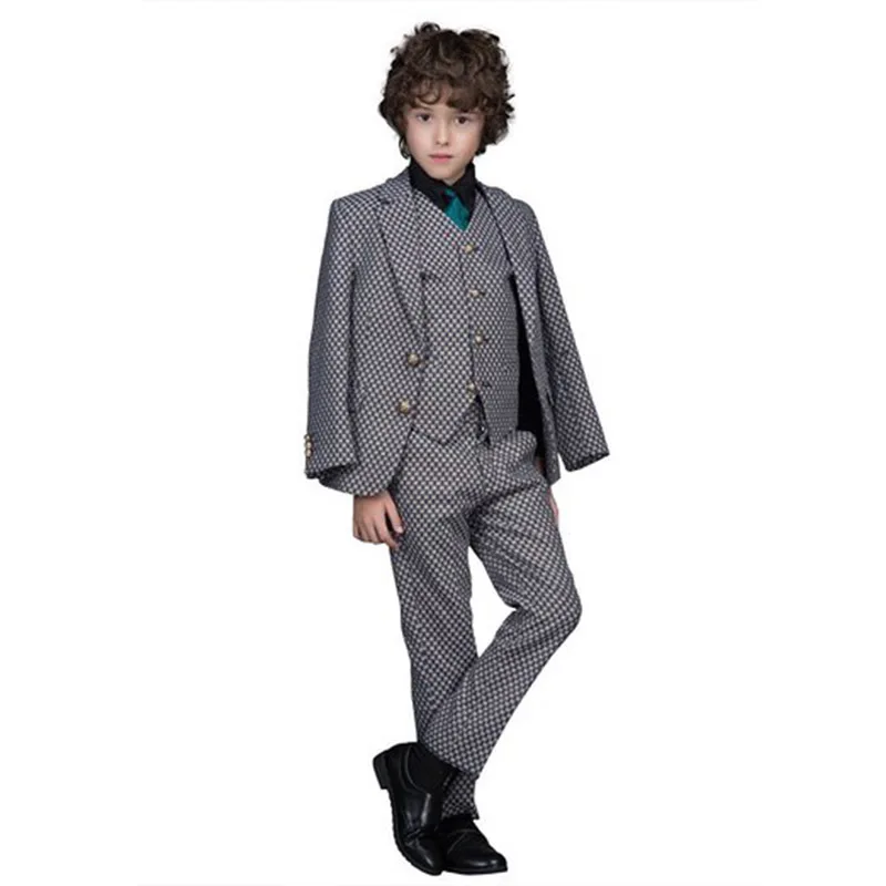 Лидер продаж, Детские смокинги с отворотами, серый цвет, обычная специальная свадебная одежда для мальчиков, BA009