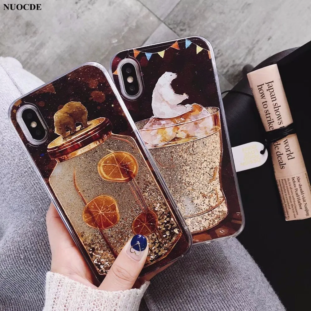 

NUOCDE Cartoon Bear Cup Bottle Quicksand Dynamic Liquid Glitter Phone Case for IPhone 7 6 6s Plus Cases for Iphone X 8 Case