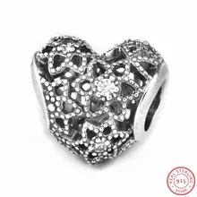 Изысканные ажурные цветущие бусины в форме сердца, прозрачные CZ для женщин, изготовление ювелирных изделий DIY Fit PANDORA Подвески Серебро 925 FL599