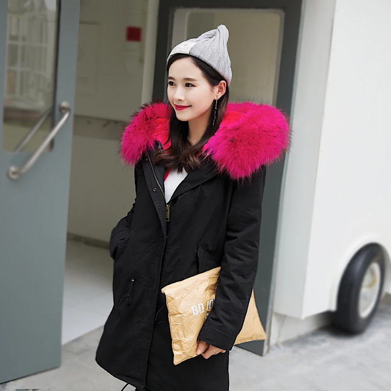 

2017 New Fashion Black Winter Jacket With Rose Real Raccoon Fur Collar Women's Plus Size Long Thick Parker Coat With Fur Liner