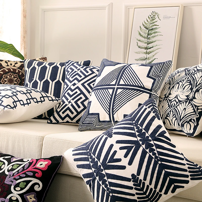 

Home sofa decoration cushion cover High End Full Embroidery Classic Pattern Blue Collection Geometric Pattern Pillow Case RUIYEE