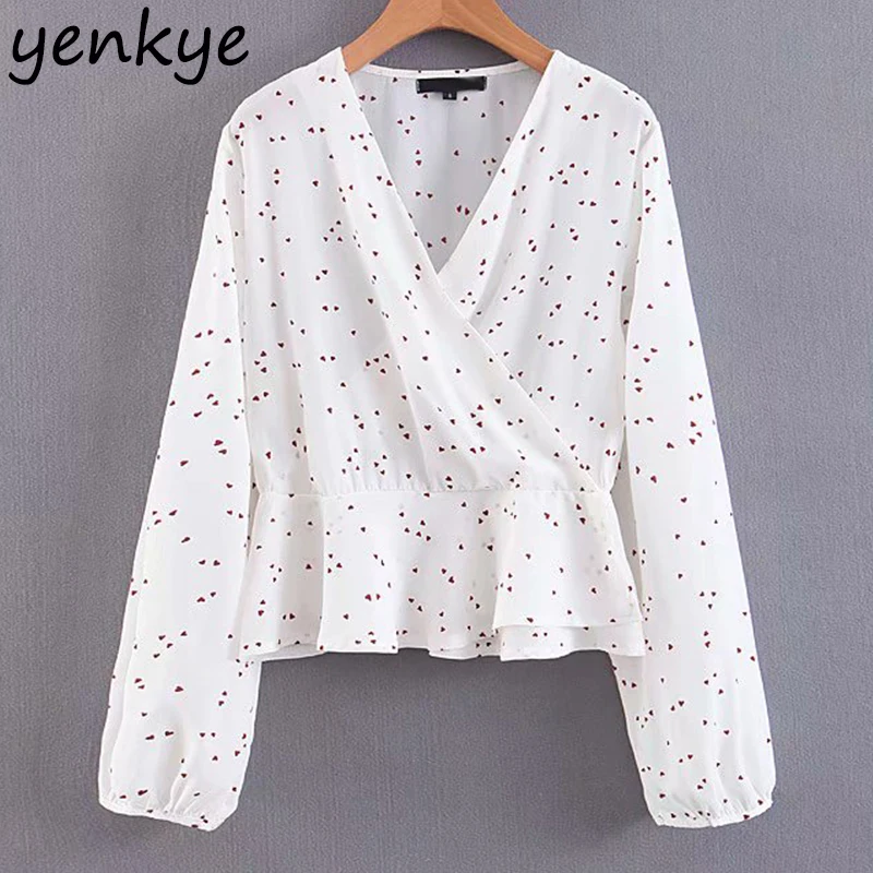 

2019 Women Sexy Semi-sheer Sweet Heart Print Wrap Blouse Lady Cross V Neck Long Sleeve Summer Tops blusa LJPZ8998