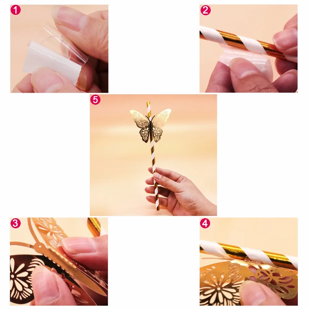 25pcs gold silver Striped Straw and 3D PVC butterfly for Romantic Wedding Party Decoration DIY birthday party bar Decoration