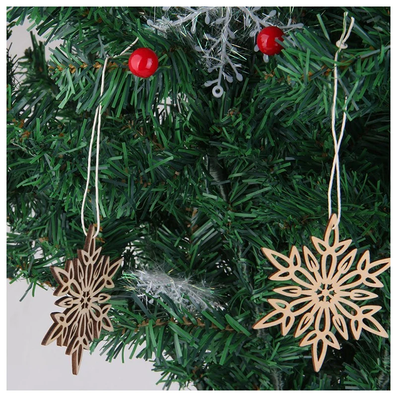 UESH-10x рождественские украшения деревянные висячие полые рождественские украшения цвет дерева, с пеньковой веревкой, полые снежинки