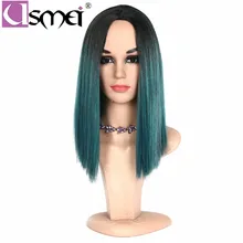 USMEI 1" короткие волосы зеленый длина плеча прямой синтетический парик для женщин высокая температура волокно два тона Косплей без челки парик