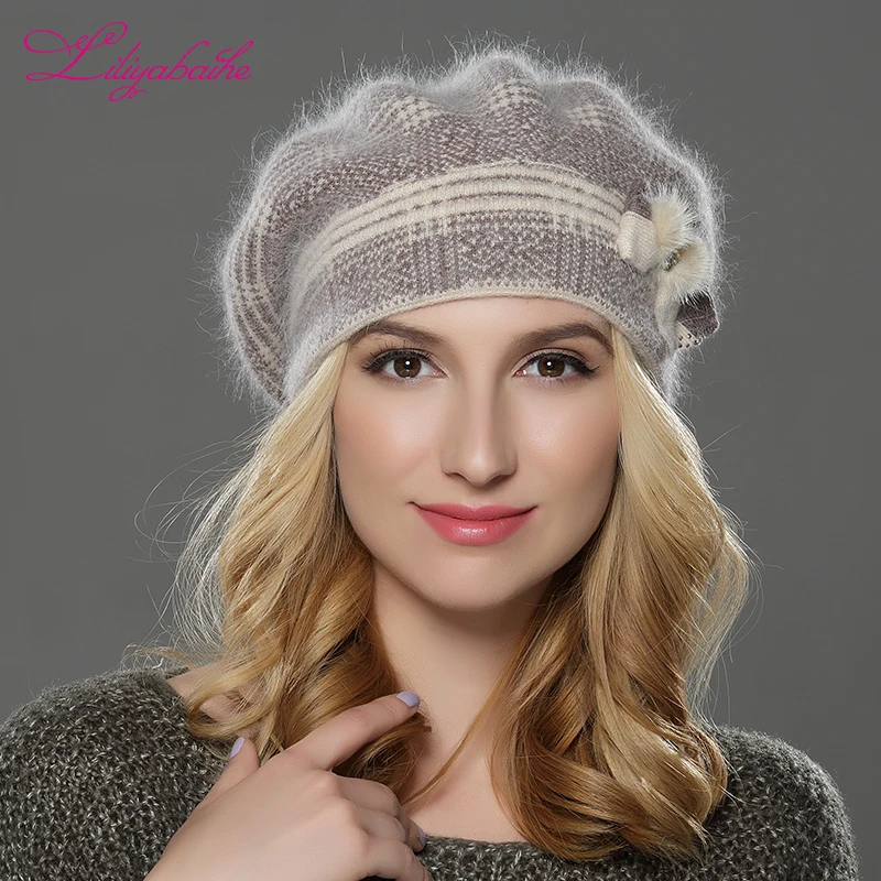 Tanie LILIYABAIHE NEW winterWomen beret hat dzianinowa wełna angora beret klasyczna siatka norki dekoracja kwiatowa czapka podwójna ciepła czapka