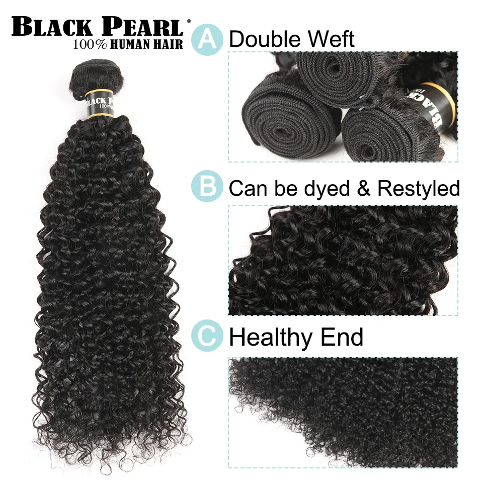 Black Pearl Pre-Colored Human Hair 3 Bundles With Closure Non Remy Brazilian kinky Curly Bundles With Closure 1B# Hair Extension