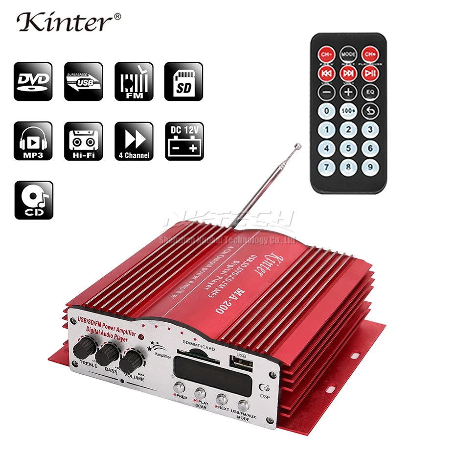 Kinter Mini Digital Audio Player 4-CH USB SD MP3 FM Car Stereo Amplifier MA-200