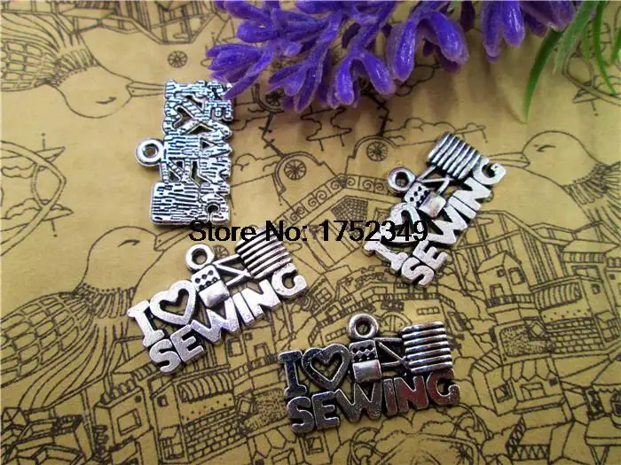 

60pcs- I Love Sewing Charms, Antique Tibetan Silver Tone sewing Charms Pendants 12x20mm