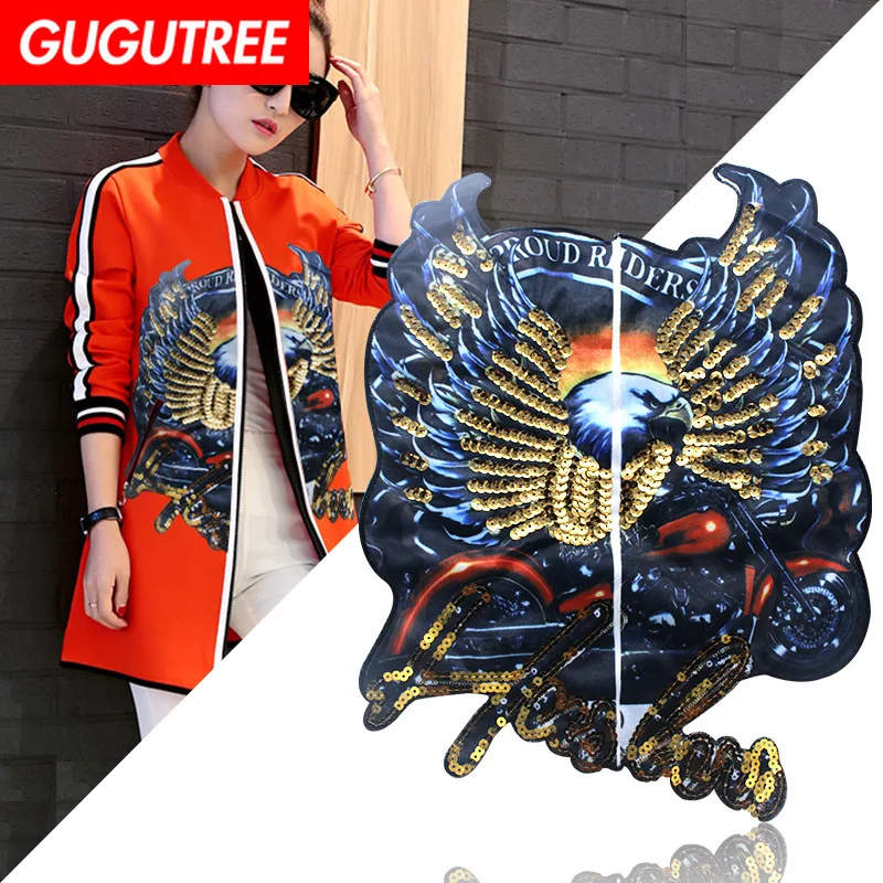 

GUGUTREE embroidery Sequins big eagle patches bird patches badges applique patches for clothing XC-282