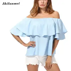 Плотная синий с плеча блузка летняя Для женщин Топы корректирующие и Блузки для малышек 2017 половина Лепесток рукава высокая низкая блузка
