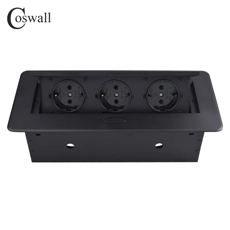 Billig COSWALL Zink legierung Platte 16A Langsam POP UP 3 Power EU Buchse Büro Tagungsraum Hotel Tabelle Desktop Outlet Matte schwarz Abdeckung
