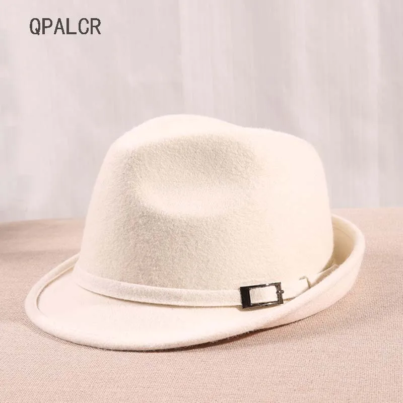 

QPALCR Winter Wool Fedora Hats For Women Vintage Man Jazz Panama Hat Solid Wide Brim White Felt Hat Ladies Classic Belt Cap