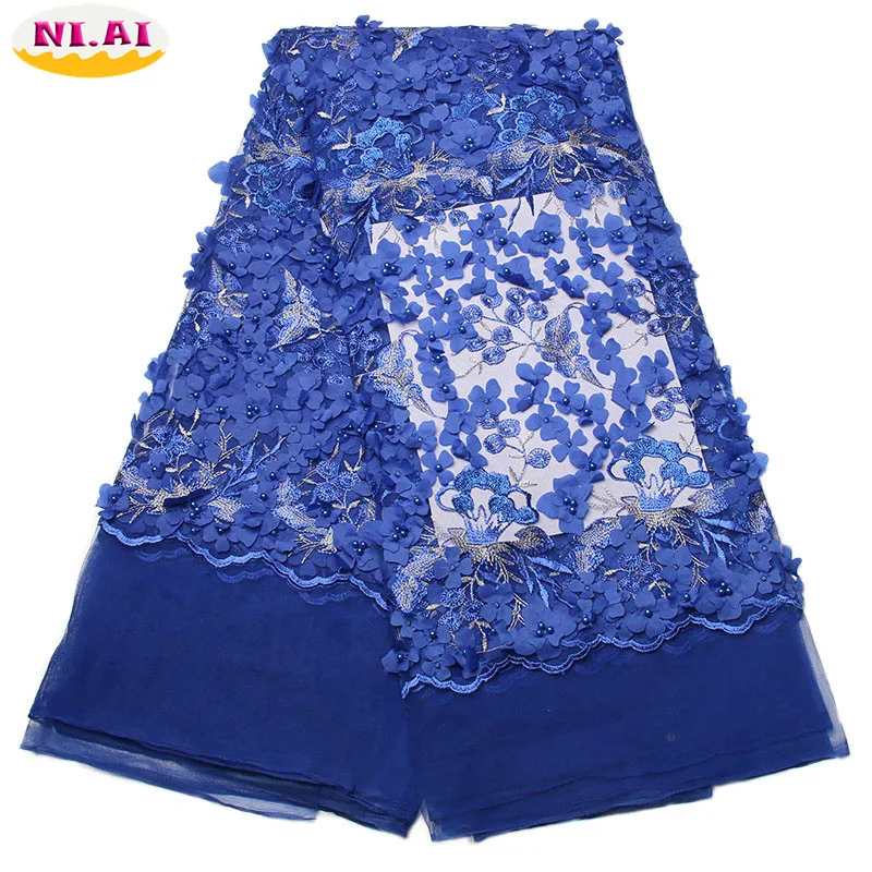 

Royal Blue 3D Lace Fabric 2017 High Quality Lace Trim Beaded Lace Applique Tulle Lace Fabric With Sequins For Patry XY1045B-1