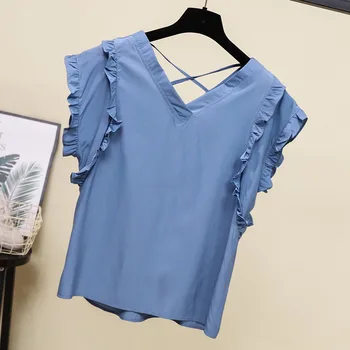 

Casual Chiffon Women's Fashion V-neck Shirt Top Short Sleece Blouses