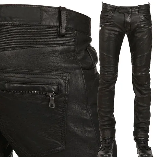 

New Arrival PU Leather Men's stylish Riding Jeans Biker slim pants