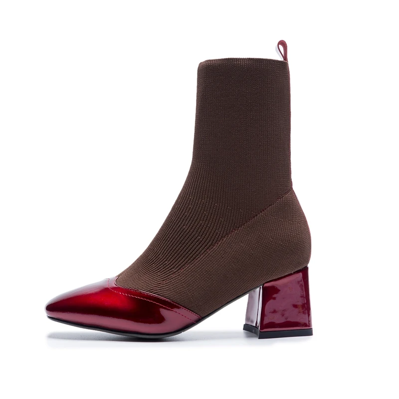 

2019 New fashion Patent Leather and Stretch Fabric Ankle Boots for Women Pointed Toe Square High Heels Botas Mujer Botte Femme