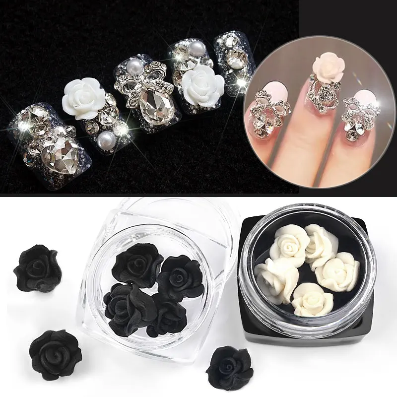 

5Pcs/Box Handmade Soft Clay Petals 3D Nail Art Decorations Black White Rose Flower DIY Manicure Tools Creative Nails Accessories
