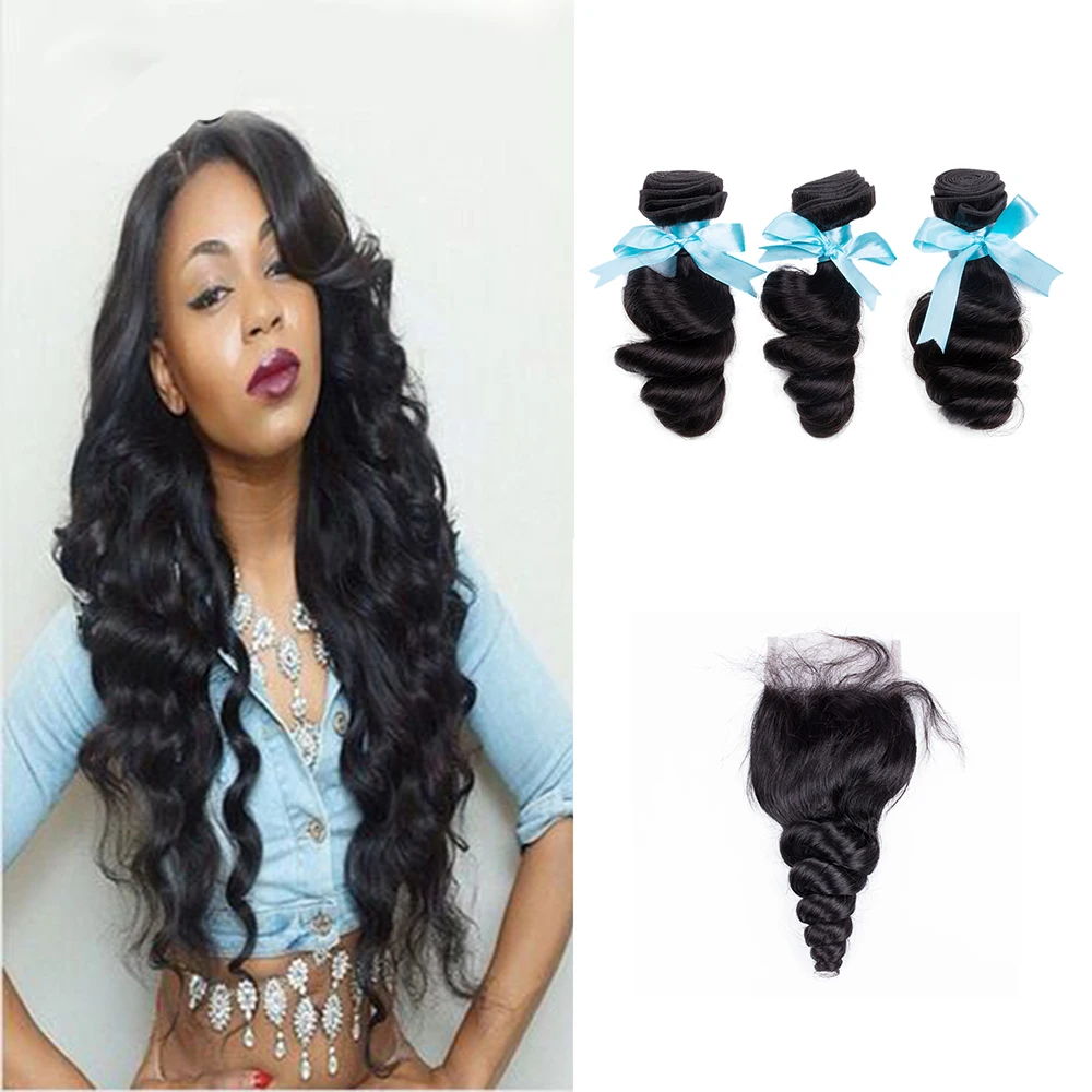 

Sevengirls Peruvian Natural Color Loose Wave 100% Virgin Human Hair 3Bundles With 4*4 Lace Closure Raw Hair For Women
