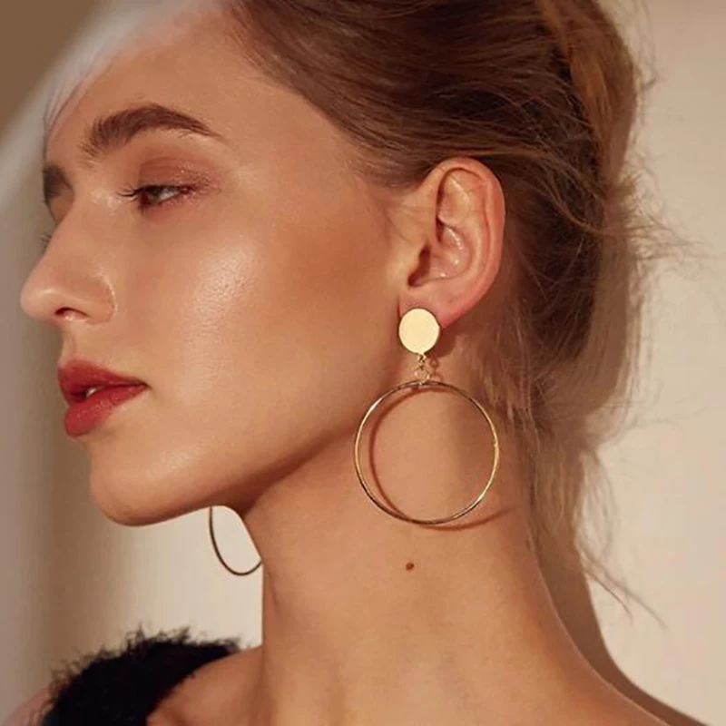 

Simple Trendy Gold Sliver Color Geometric Big Round Circle Earrings For Women Trendy Large Hollow Drop Earrings