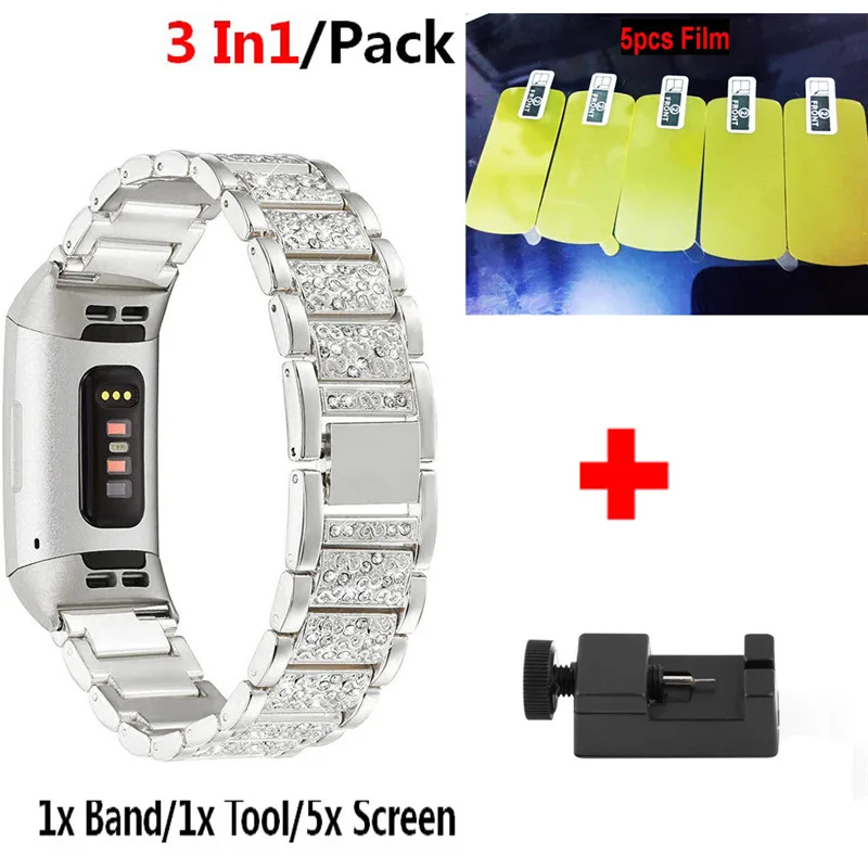 Серебристый 2 In1 смарт-Браслет для Fitbit заряд 3 Экран Защитная пленка для Fitbit заряд 3/Charge3 ремень Нержавеющая сталь браслет - Цвет: Серебристый