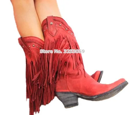 ALMUDENA/Женские ботинки в ковбойском стиле с бахромой; ботинки с бахромой на массивном каблуке; настоящая фотография; ботинки в байкерском стиле; обувь-Гладиатор - Цвет: red as picture