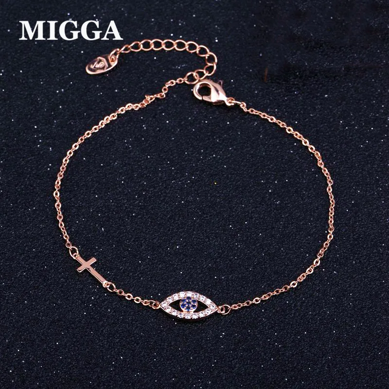 

MIGGA Rose Gold Color Cross Charm Cubic Zirconia Turkish Evil Eye Bracelet for Women CZ Crystal Jewelry