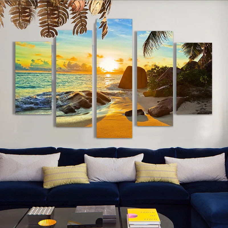 Современный дом настенный Декор Рамка Модульная картина маслом HD печать картина 5 панель океан Закат пляж морской постер Pengda