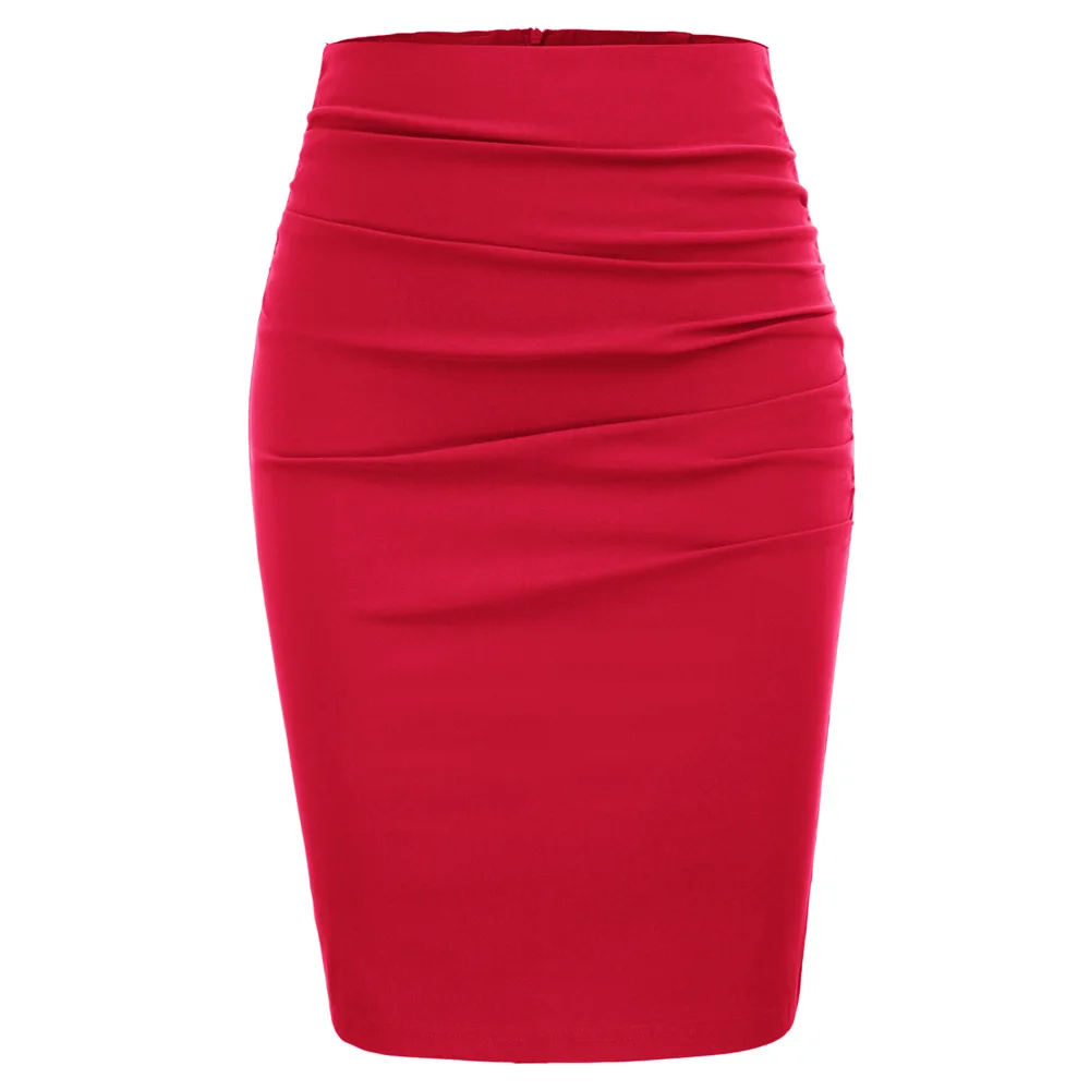 

Ladies Pure Color Ruched Front Hips-wrapped Zipper Bodycon Pencil Skirt Business