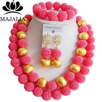 

Trendy Nigeria Wedding african beads jewelry set Peach plastic necklace bracelet earrings Free shipping VV-272