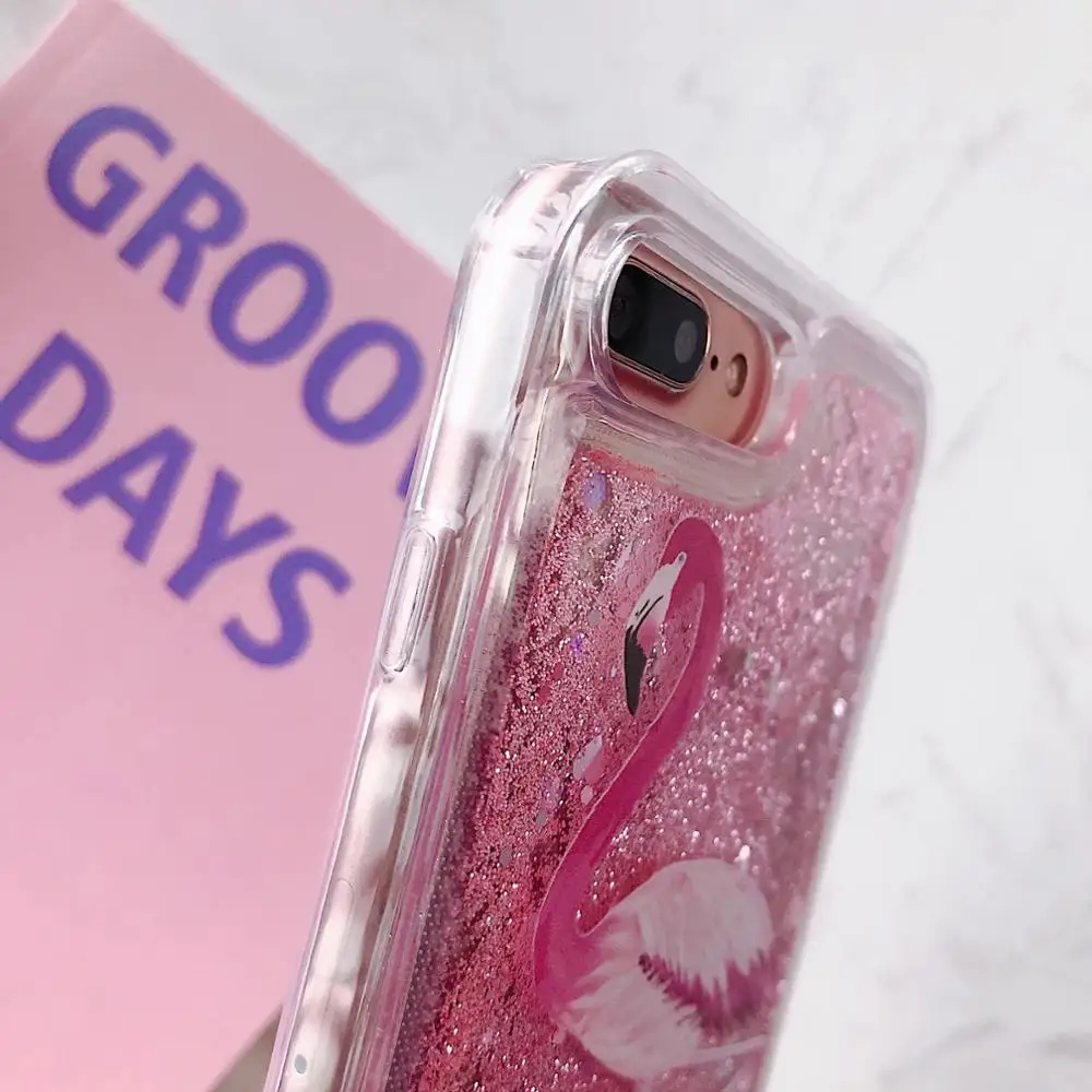 Flamingo Bling Glitter Liquid Dynamic Clear Soft Case Cover on sfor iPhone X 8 Plus 7 6s XR XS MAX Shiny Quicksand Phone Fundas  (6)