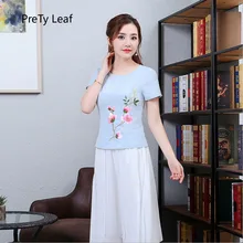 Новинка года; летняя футболка с короткими рукавами из хлопка и льна с вышивкой в национальном стиле