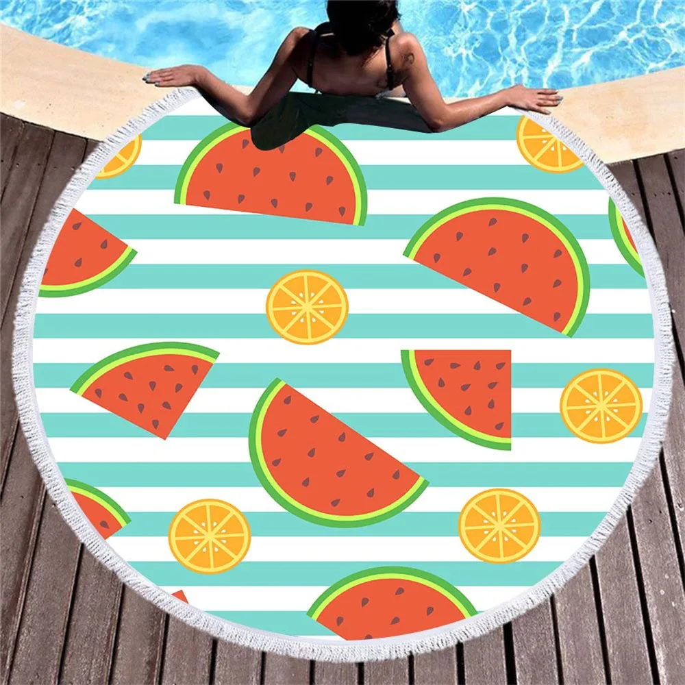 

Fruit Printing Beach Towel Watermelon Pineapple Summer Round Microfiber Towel Tassels Swimming Bath Towel Picnic Blanket