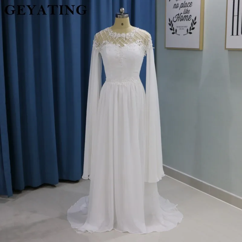 

Greek Style White Summer Beach Boho Wedding Dress with Sleeves Beading Country Wedding Gowns Grecian A-line Chiffon Bride dress