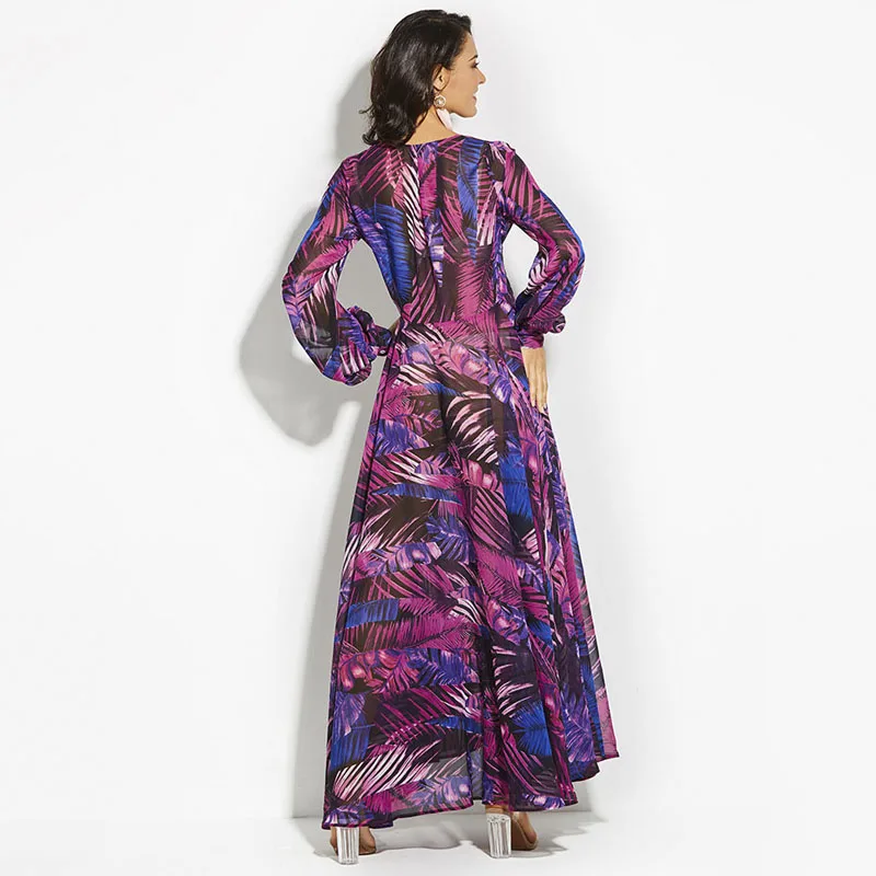Женское праздничное длинное платье с принтом в виде листьев, Дамское вечернее платье с длинным рукавом и v-образным вырезом, летнее пляжное платье макси, размер 8-18 размера плюс, мода