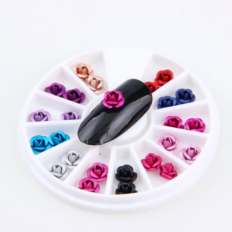 Дизайн 3D металлический алюминиевый цветок розы 24 шт/колесо 12 цветов смешанный дизайн ногтей украшения DIY Красота ногтей украшения
