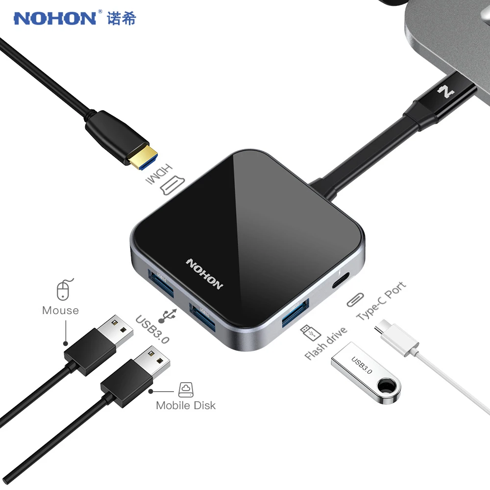  NOHON USB-C to HDMI Adapter 5 IN 1 USB 3.0 HUB Type C Converter PD Dock For MacBook Xiaomi Samsung 